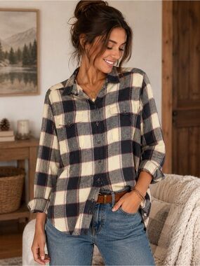 Toad&Co Blue Cream Plaid Button Up Flannel Shirt L